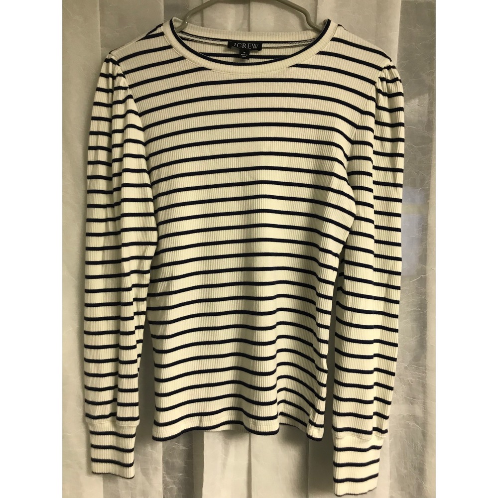 J.Crew Women Medium Striped Puff Sleeve Ribbed Knit Top Navy Ivory Long Sleeve
